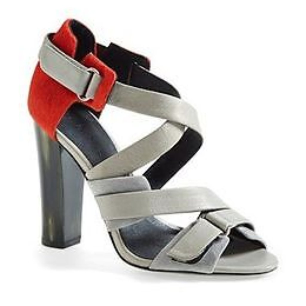 Nwob L.A.M.B. Korry Gray Leather Orange Calf Hair Strappy Heels